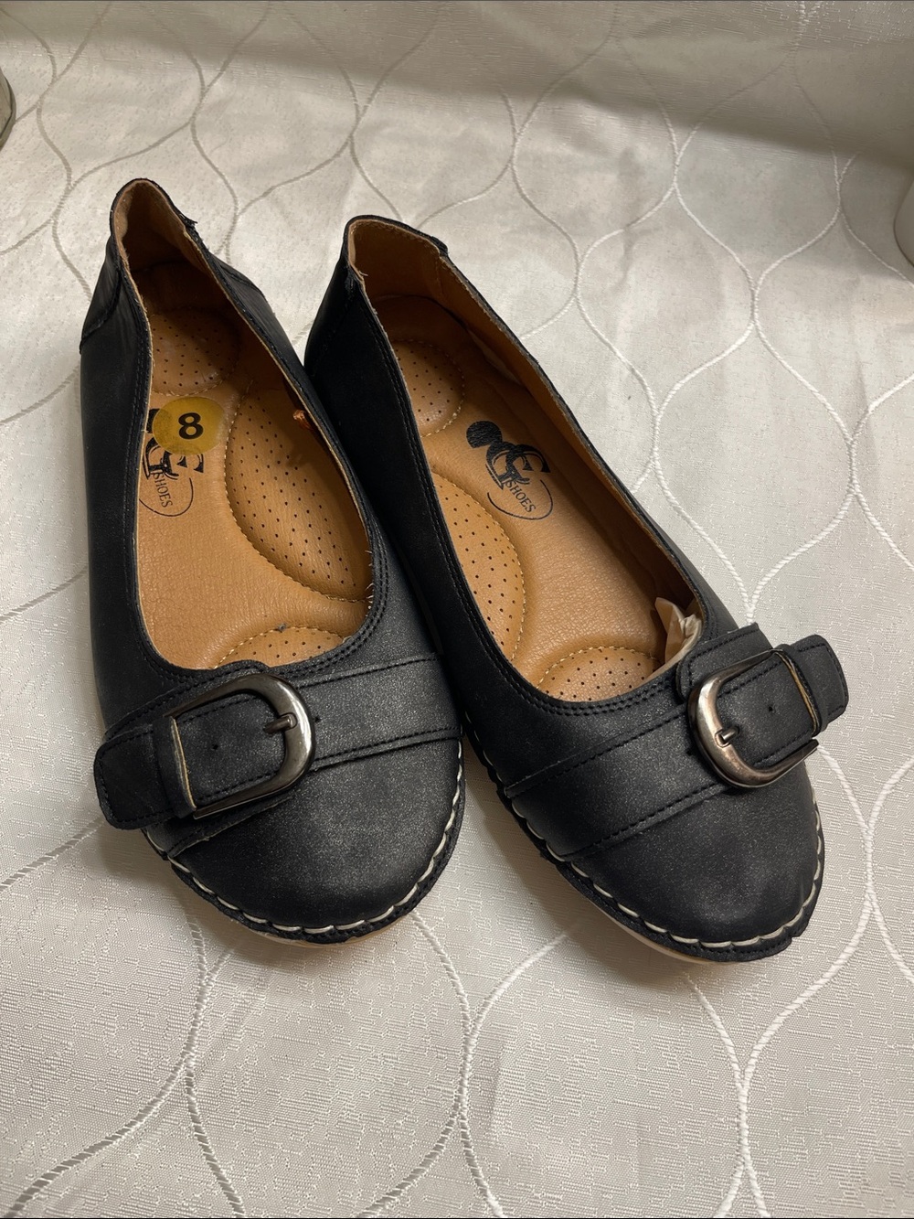 Comfort Buckle Flats - Black Women's Slip-On Shoes Size 8